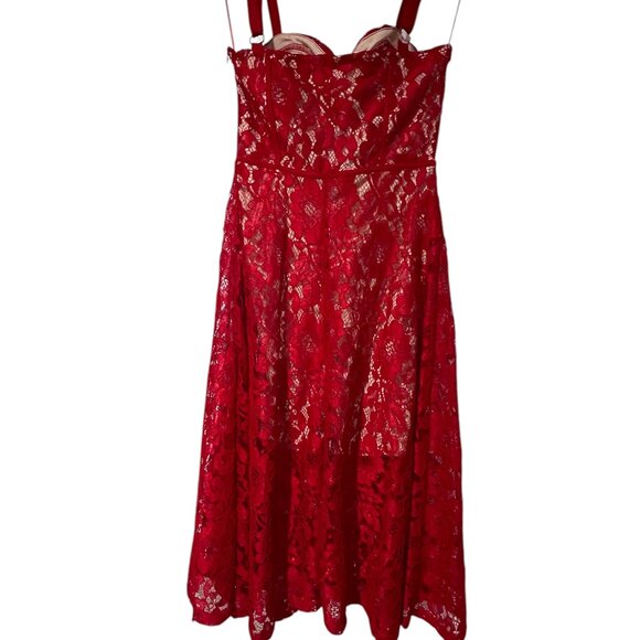 NWT Pretty Little Thing Lace Midi Bright Red Dress Party Hearts Day Sz 4 Corset - Picture 5 of 8